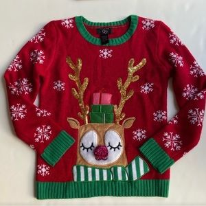 Girls 'It's Our Time' Red Reindeer Ugly Christmas Sweater Holiday sz large